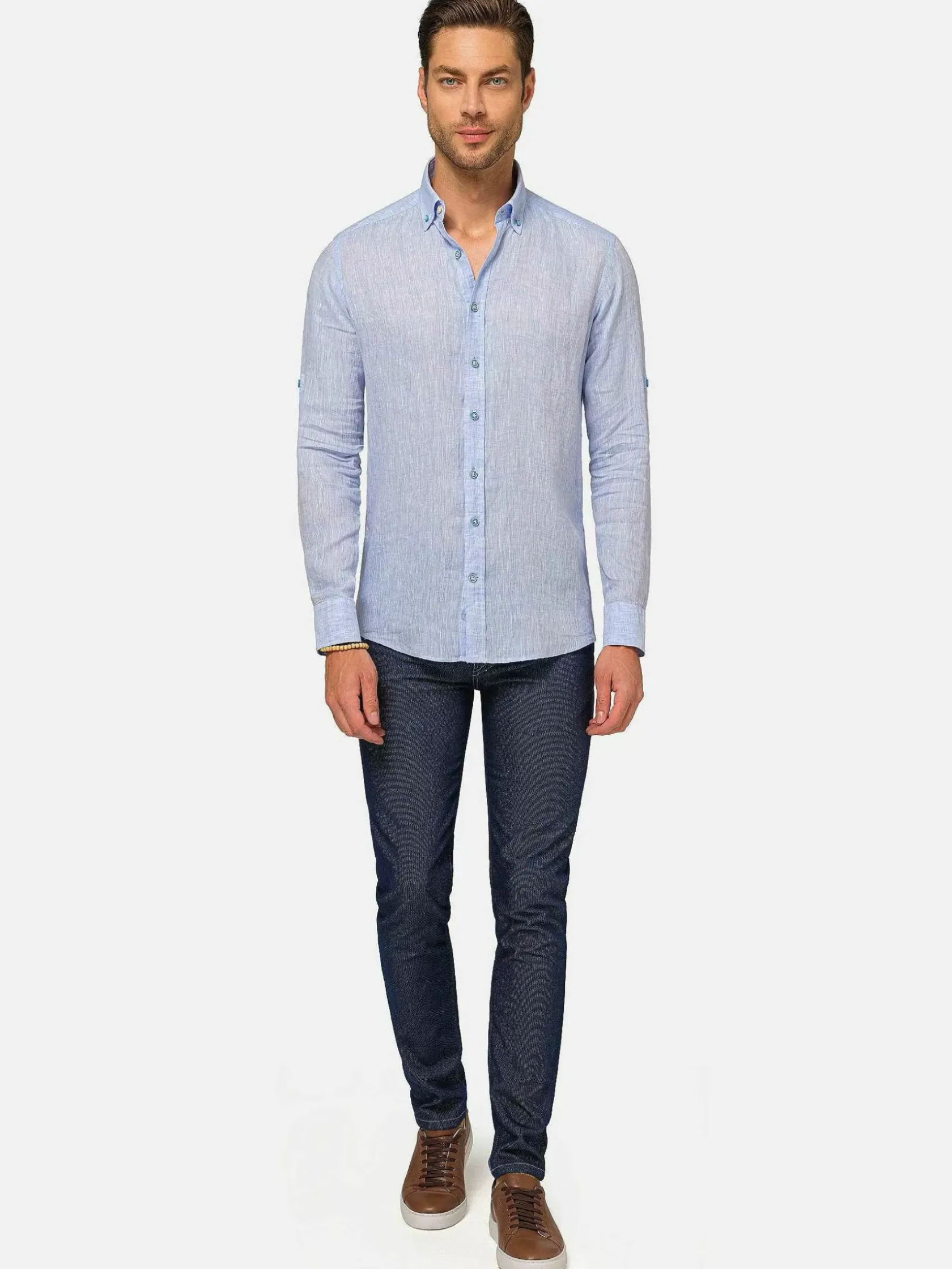 Wam Denim Overhemd Lange Mouwen|Redention Linen Blue Overhemd Lange Mouw
