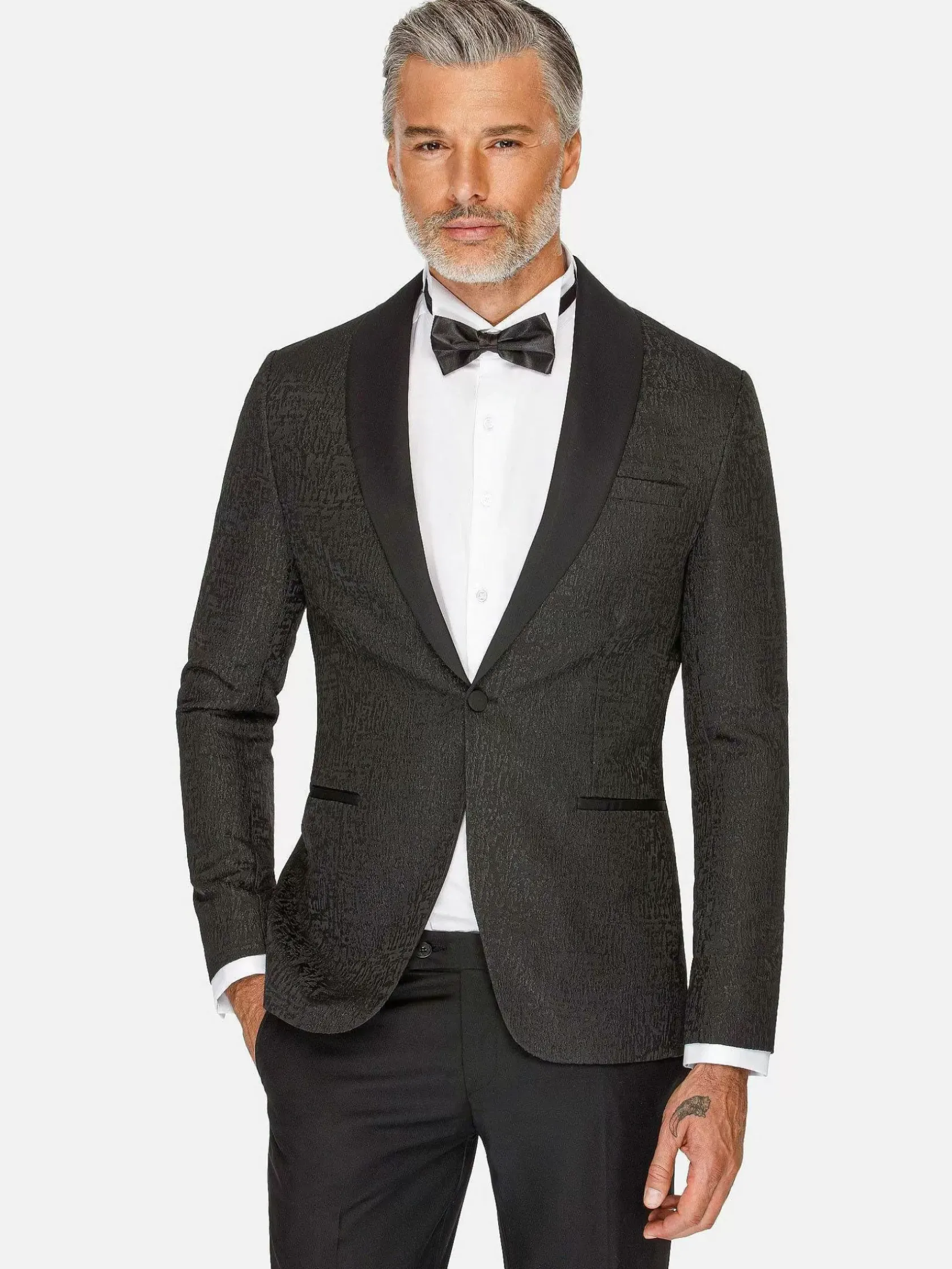 Wam Denim Colberts|Slim Fit Textured Black Tuxedo Colbert