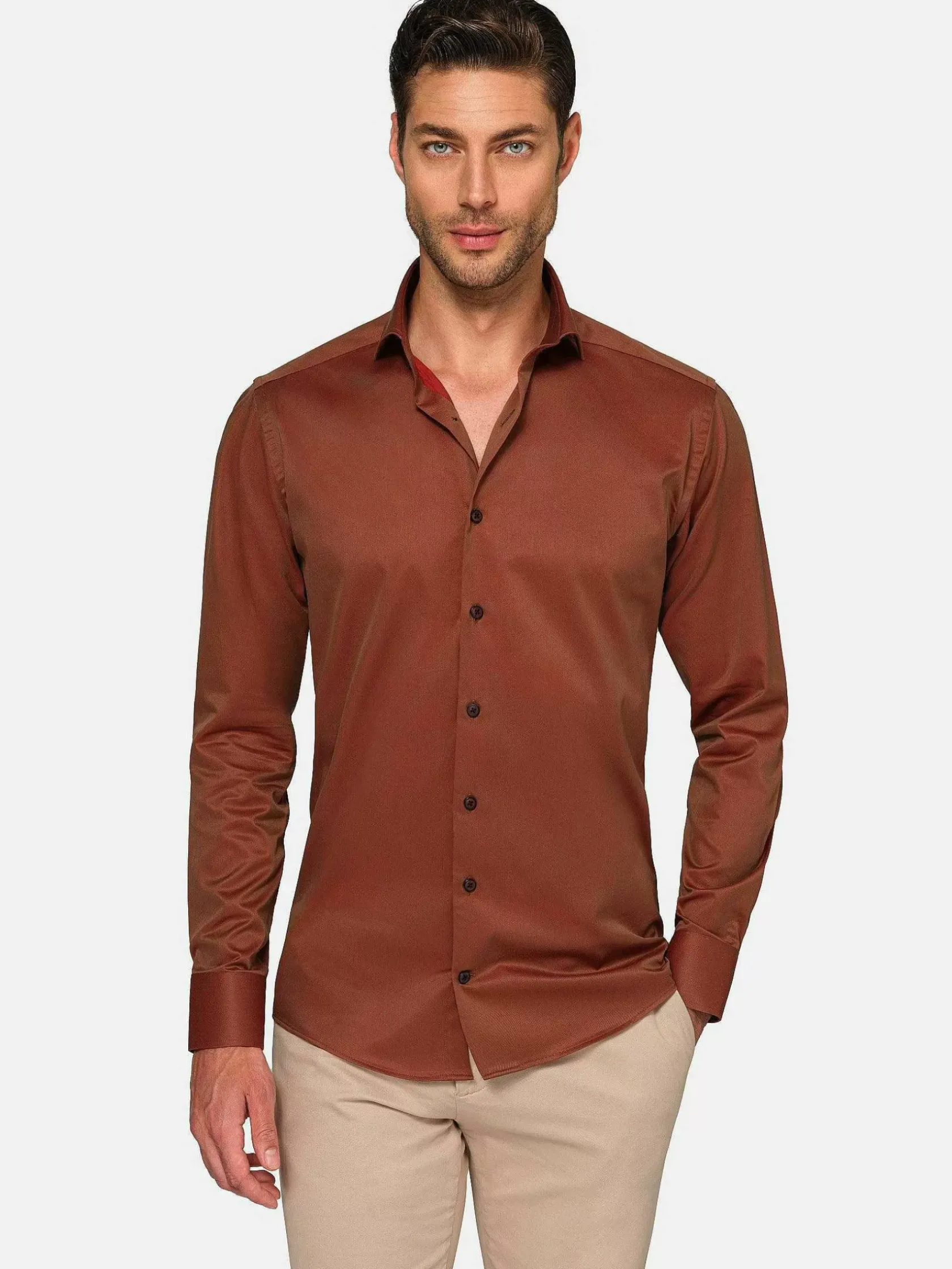 Wam Denim Overhemd Lange Mouwen|Tempesta Plain Cotton Light Brown Overhemd Lange Mouw